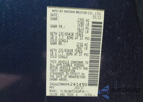 2015 Nissan Murano Sv from USA, damaged, VIN 5N1AZ2MHXFN241450